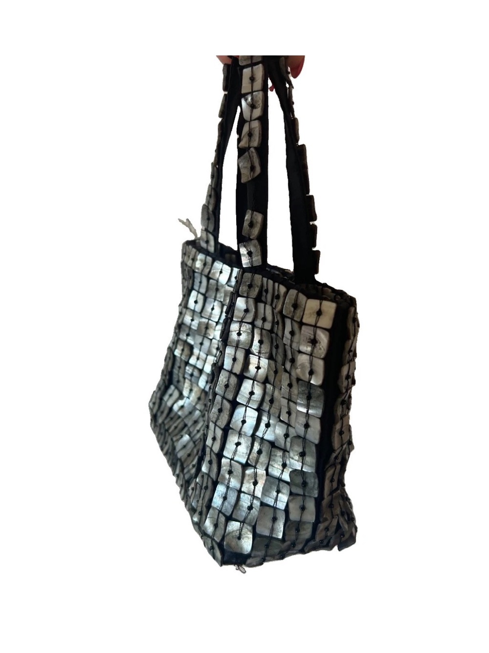 Vintage Y2K Mother of Pearl Shell Tile Handbag Beaded Silver Mini Purse - Picture 12 of 14